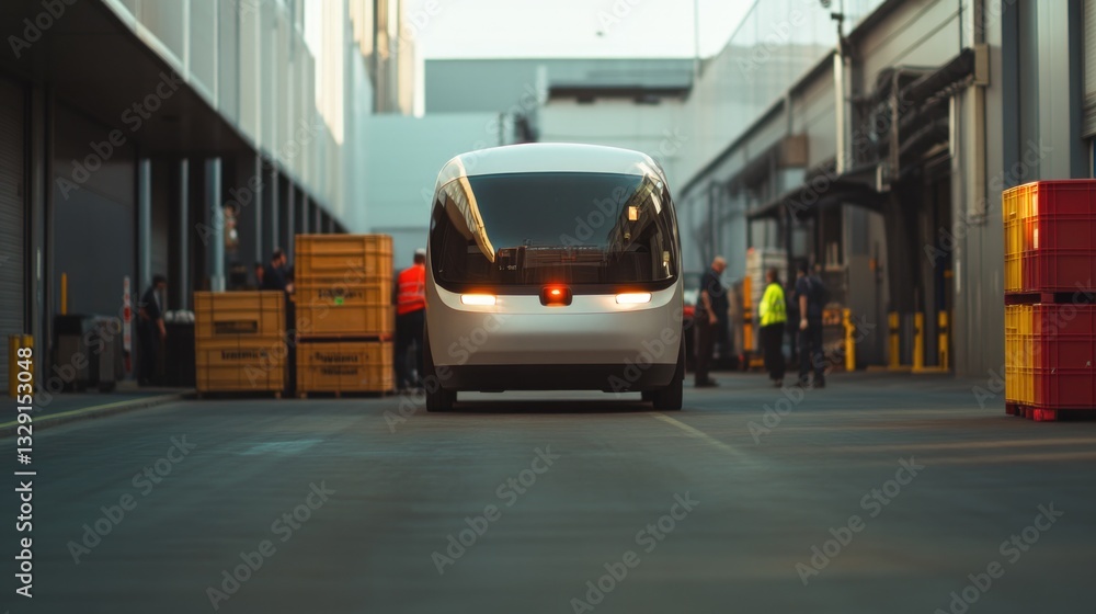 Modern autonomous vehicle navigating an industrial area filled w Modern autonomous vehicle navigating an industrial area filled w
