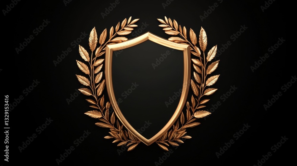 Obraz premium Golden Shield with Laurel Leaves and Check Mark Icon for Achievement and Recognition