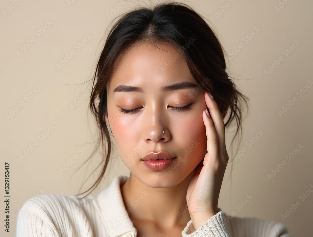 Young asian woman closing eyes and touching face on beige background Young asian woman closing eyes and touching face on beige background