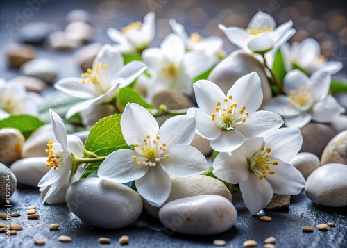 White jasmine blossoms, nestled among healing crystals, evoke serenity. Elegant product photography.