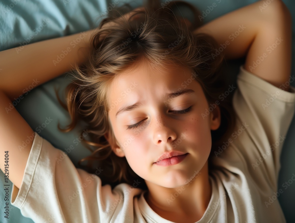 Serene Girl Resting in Bed: Embracing Morning Calm and Gentle Awakening Serene Girl Resting in Bed: Embracing Morning Calm and Gentle Awakening