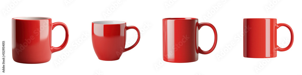 A group of four identical bright red ceramic mugs or cups arranged in a symmetrical pattern creating a simple and minimalist still life composition A group of four identical bright red ceramic mugs or cups arranged in a symmetrical pattern creating a simple and minimalist still life composition