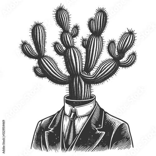 man in a suit with a cactus growing in place of his head, symbolizing resilience, nature, and surrealism sketch engraving generative ai vector illustration. Scratch board imitation. Black and white.