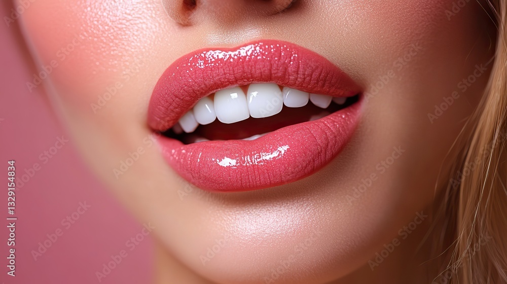 Obraz premium Slightly open, glossy pink lips reveal perfectly white teeth against a matching pink background, symbolizing lip augmentation and dental care.