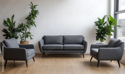 Modern gray sofa set with armchairs in a minimalist living room.