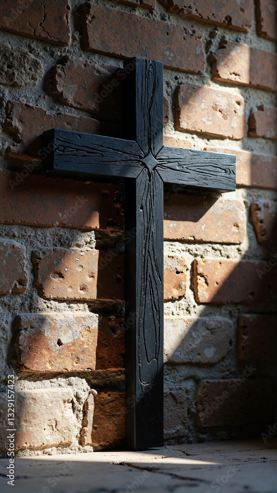 Striking Dark Artistic Cross Against Rough Brick Wall - Ideal for Religious Marketing, Inspirational Quotes, and Interior Décor Striking Dark Artistic Cross Against Rough Brick Wall - Ideal for Religious Marketing, Inspirational Quotes, and Interior Décor