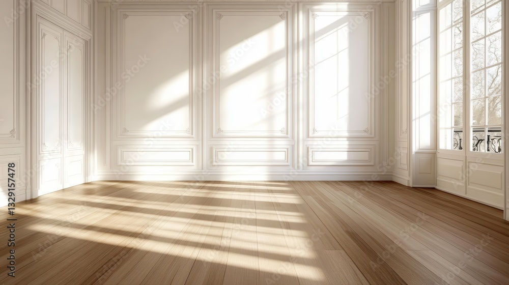 Fototapeta premium A bright, empty room with wooden flooring and elegant white walls, illuminated by soft sunlight streaming through large windows.