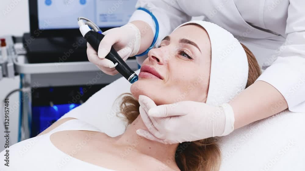 Close-up of a woman undergoing a hydropeeling facial treatment in a cosmetology clinic. Concept of deep cleansing and skin rejuvenation using advanced technologies. Close-up of a woman undergoing a hydropeeling facial treatment in a cosmetology clinic. Concept of deep cleansing and skin rejuvenation using advanced technologies.