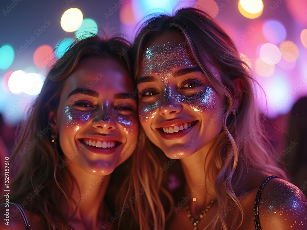 Fototapeta premium Festival Fun with Face Glitter and Laughter: A close-up of two young women at a music festival, their faces glowing with glitter and smiles, with a blurred background of colorful lights.