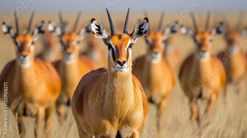Ecological impact wildlife recovery concept. A herd of antelopes standing in tall grass.