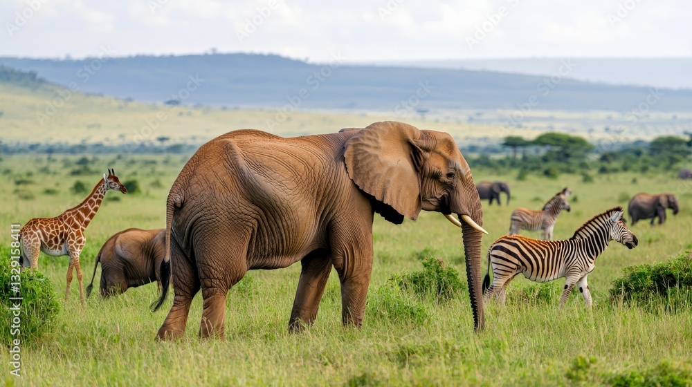 Fototapeta premium Ecological impact wildlife recovery concept. Elephant with zebras and giraffes in a grassy landscape.