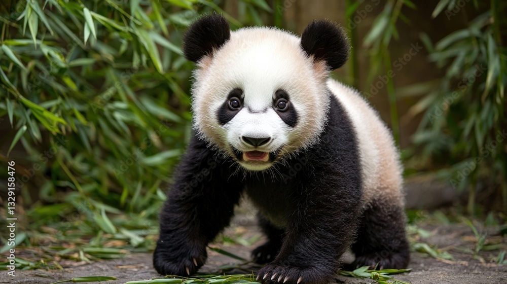 Obraz premium Ecological impact wildlife recovery concept. Panda cub exploring its lush green environment.