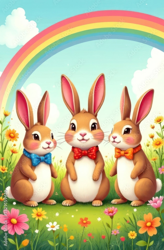 Fototapeta premium cute cartoon rabbits with colorful bow ties sitting in vibrant flower field under rainbow. springtime joy, playful nature poster. children's book illustration, greeting card