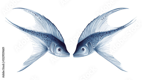 The image showcases a digital illustration of two stylized fish, rendered in shades of blue.  The fish are positioned symmetrically, facing each other, creating a mirror-like effect.  Their bodies