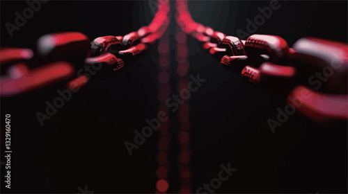 Close-up macro shot of two intertwined chains. The chains are predominantly red with a metallic sheen. The background is uniformly dark, providing high contrast to the chains. The image focuses on