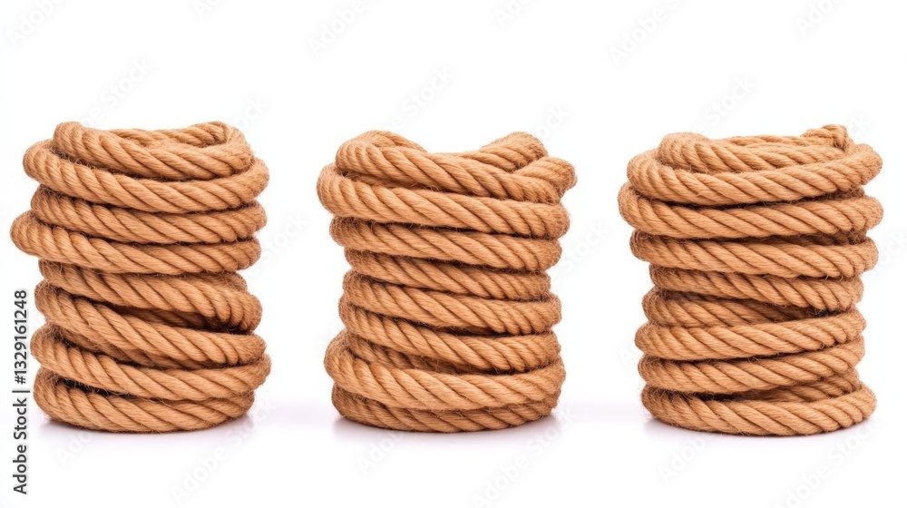 Three stacks of twisted, natural-colored rope are arranged in a row, showcasing their texture and coiled form. Three stacks of twisted, natural-colored rope are arranged in a row, showcasing their texture and coiled form.