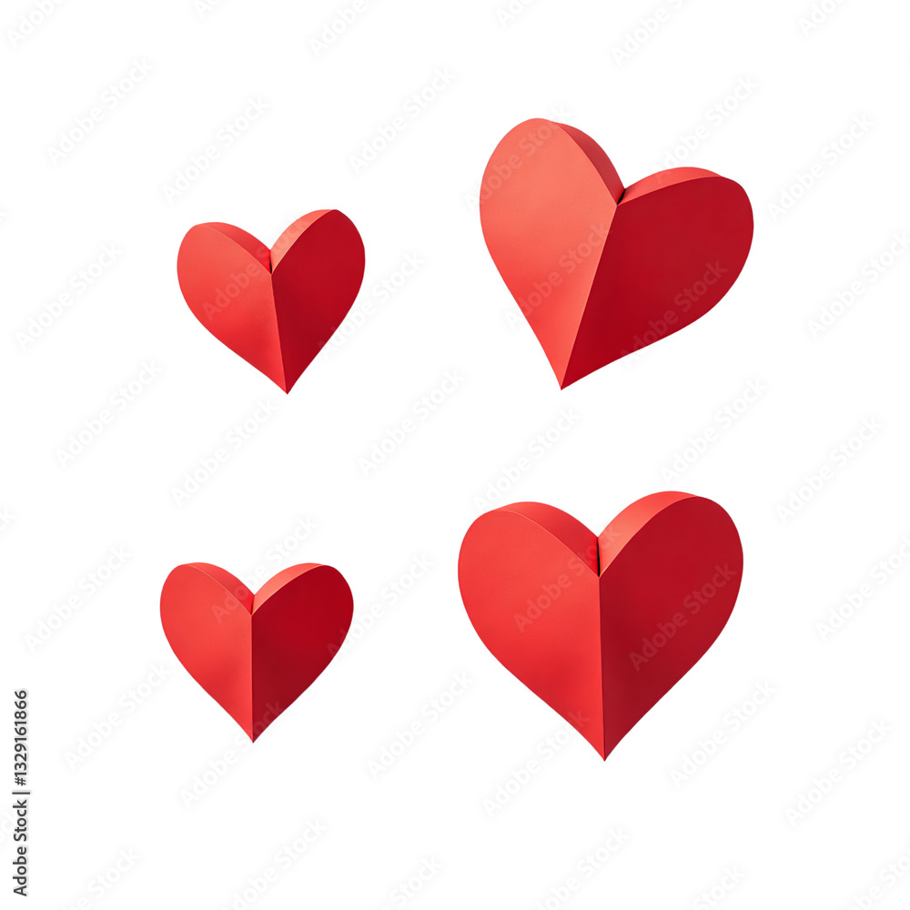 Four Red Folded Paper Hearts on transparent background Four Red Folded Paper Hearts on transparent background