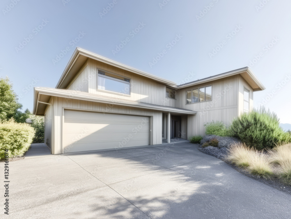 Fototapeta premium Modern house exterior with driveway and greenery during daylight