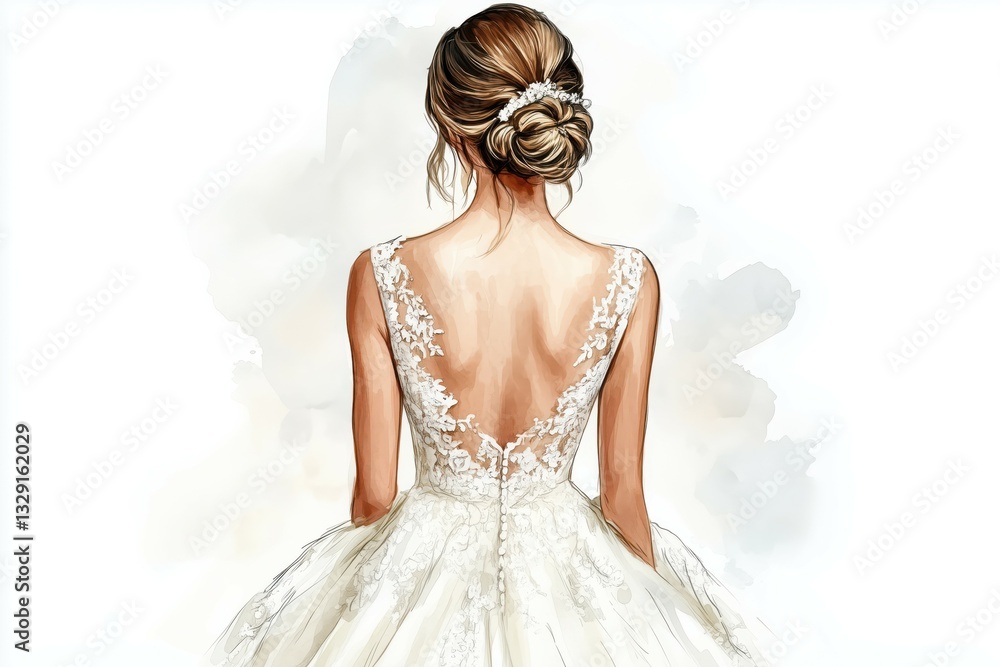 Elegant bridal gown with a flowing train and intricate lace.. Elegant bridal gown with a flowing train and intricate lace..