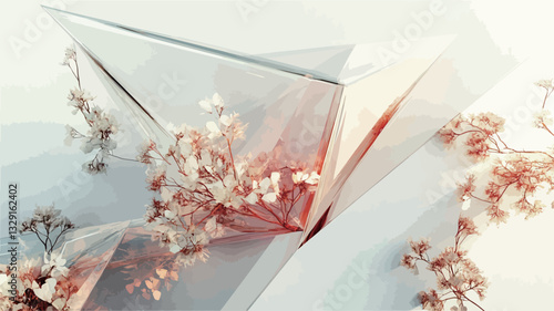 High-angle close-up shot of a translucent, geometric perfume bottle with a triangular shape. The bottle appears to contain a pale pink or peach-colored liquid.  Small, delicate white and light pink