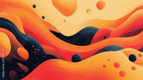 The image depicts an abstract composition featuring flowing, swirling forms in shades of orange and black.  The forms resemble liquid or paint, with varying levels of opacity and saturation.  There