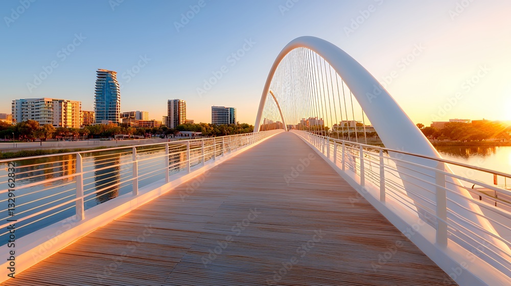 Obraz premium Walking Bridge Across Waterway Leading to City Skyline at Sunset