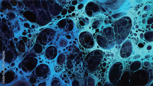 The image presents an abstract close-up view of a cellular or organic structure.  Dominated by shades of deep blue and black, the image features a network of interconnected, irregularly shaped