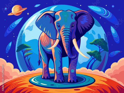 Photography vector of African elephant standing on a blue planet symbolizing ecology