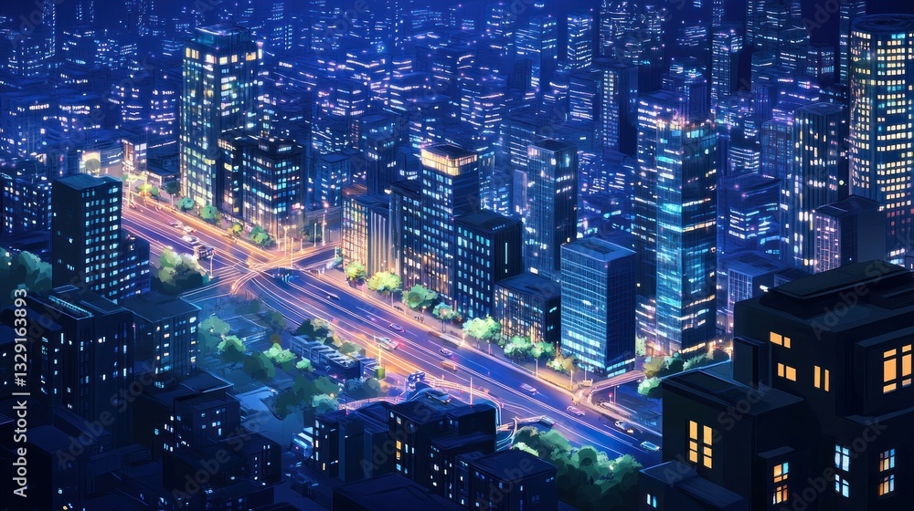 Obraz premium Nighttime metropolis illuminated with an artificial intelligence controlled network