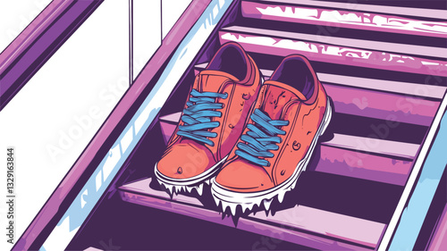 A digital illustration depicting a pair of orange sneakers with blue laces sitting on pink and purple stairs.  The sneakers are partially covered in ice, with icicles visible. The style is bold and