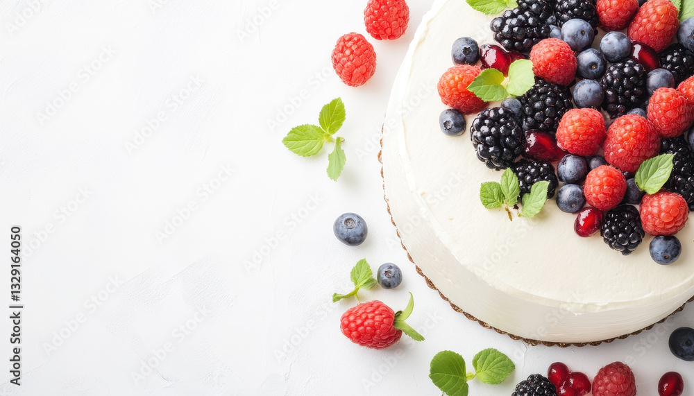 Elegant homemade cake topped with fresh berries and mint leaves, showcasing vibrant colors and textures. Perfect for celebrations or special occasions Elegant homemade cake topped with fresh berries and mint leaves, showcasing vibrant colors and textures. Perfect for celebrations or special occasions
