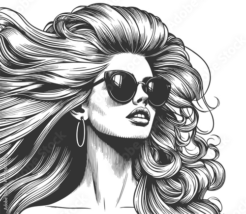 fashionable woman with voluminous hair wearing stylish sunglasses, exuding confidence and glamour sketch engraving generative ai vector illustration. Scratch board imitation. Black and white image.