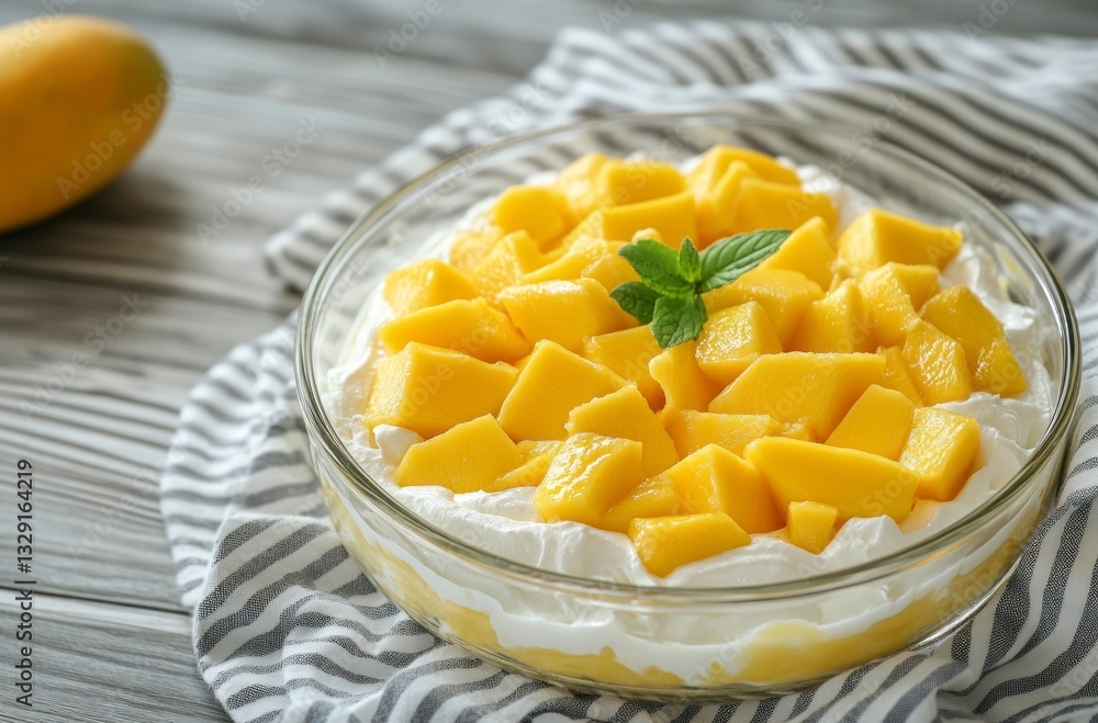 Refreshing Mango Trifle Dessert with Cream on Wooden Table Top Refreshing Mango Trifle Dessert with Cream on Wooden Table Top