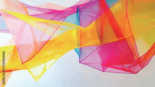 The image shows a close-up of several pieces of translucent fabric in various bright colors including pink, orange, yellow, and blue. The fabrics are draped and folded, creating a dynamic and