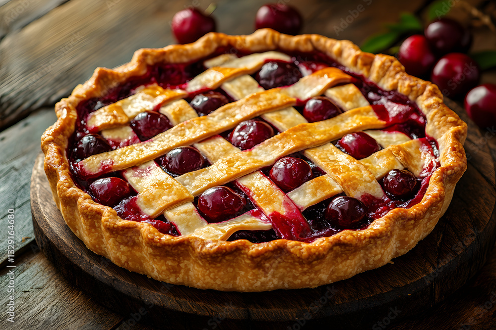 Classic cherry pie with a golden flaky crust and luscious cherry filling on rustic wooden surface. Classic cherry pie with a golden flaky crust and luscious cherry filling on rustic wooden surface.