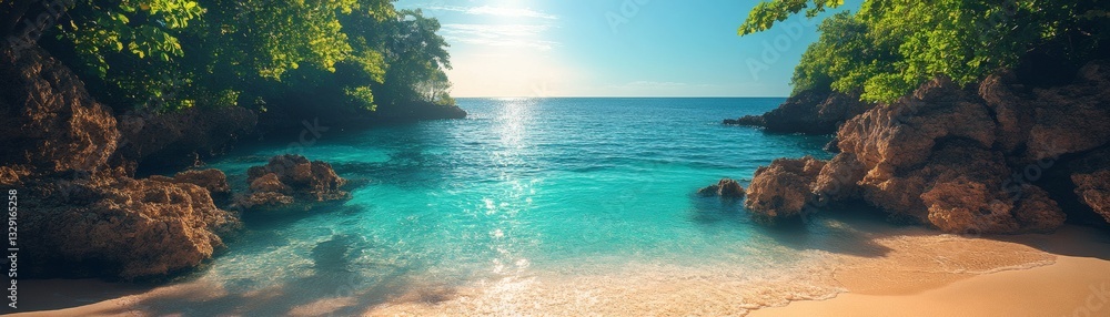 Fototapeta premium a stunning view of a secluded beach, with crystal-clear turquoise water and lush green foliage surrounding the sandy shore