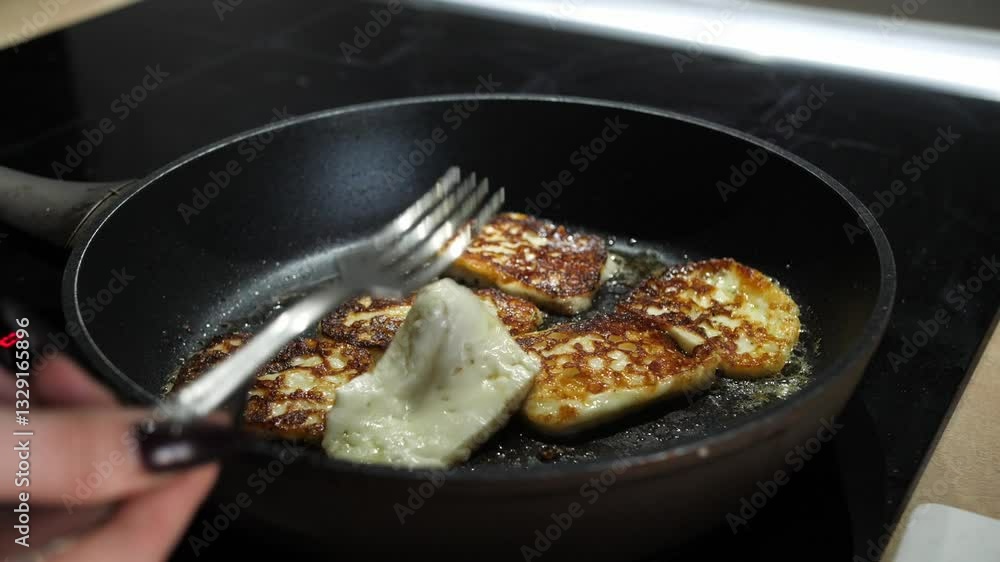 Halloumi cheese is fried in a pan in oil Halloumi cheese is fried in a pan in oil