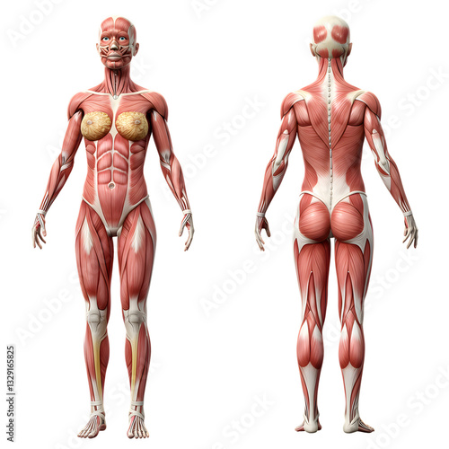 3D Medical Illustration of Female Muscular System Front and Back on Transparent Background
