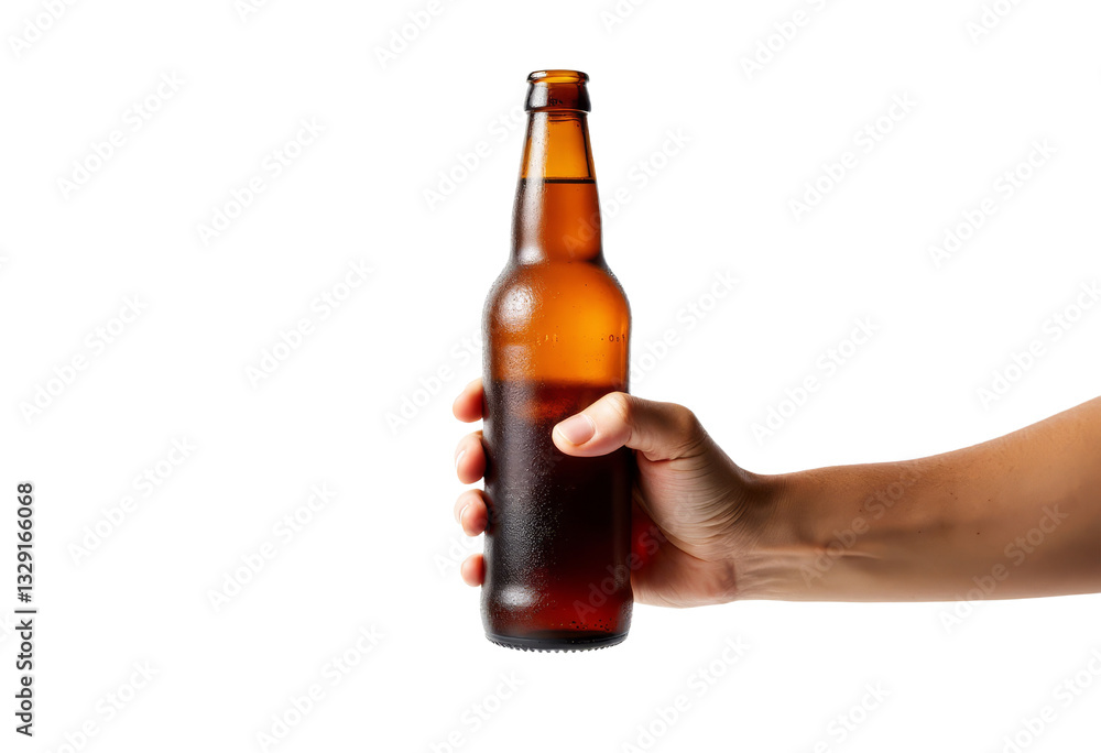 Hand holding a cold brown bottle, transparent background Hand holding a cold brown bottle, transparent background