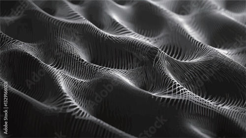 Close-up view of an abstract grayscale image depicting a wave-like pattern. The texture appears subtly three-dimensional, with repeating undulations creating a sense of depth and movement. The