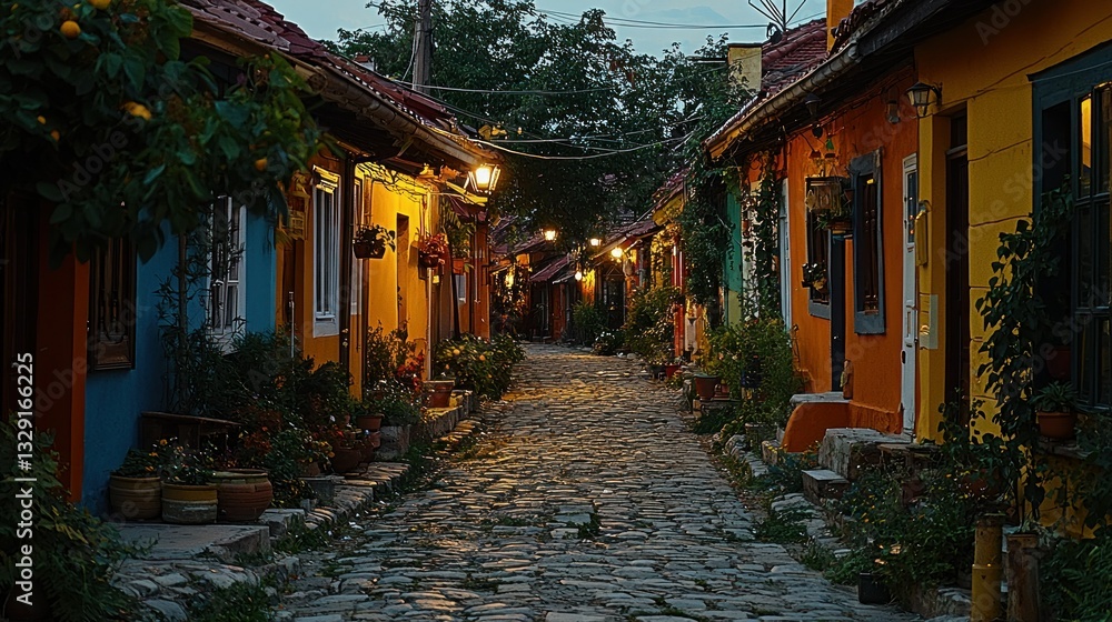 Fototapeta premium Colorful European alleyway at twilight, with flowers and street lamps