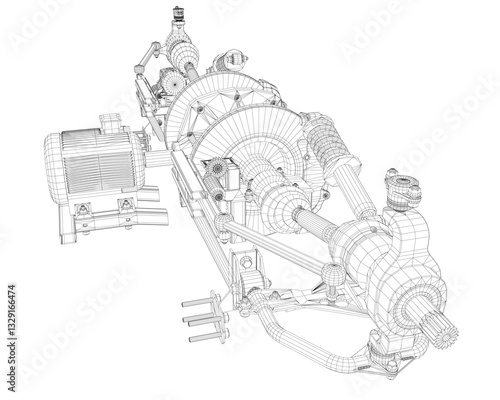 A drawing of a car engine with a lot of detail. The drawing is in black and white