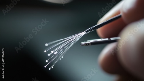 A technician connecting a fiber optic cable to a router, visible connectors and cable, clean tech workspace background
