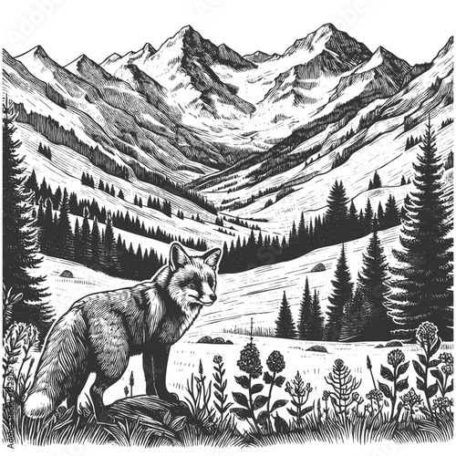 fox walking through a scenic alpine mountain landscape with wildflowers, trees, and a dramatic sky sketch engraving generative ai vector illustration. Scratch board imitation. Black and white image.