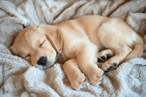 Golden retriever puppy sleeping on a soft blanket
