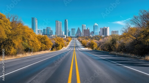 Empty highway leading to a city skyline under a clear blue sky.