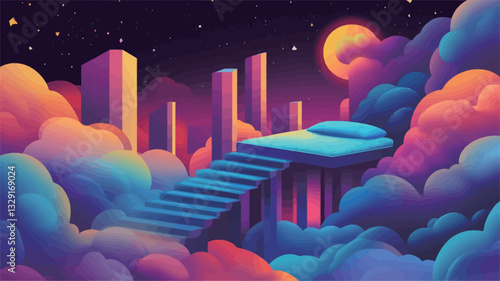 A digital illustration depicting a bed situated on a platform above a cloud landscape under a night sky. The bed is light blue with a white pillow, and the platform is supported by pillars.  A