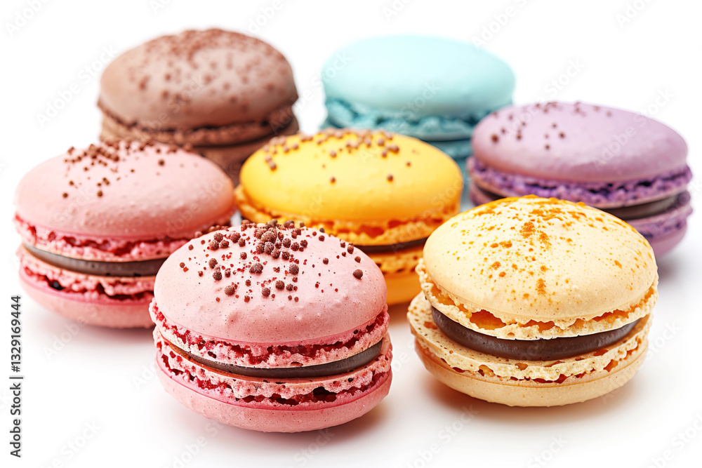 Fototapeta premium Macarons colored, dessert french pastry with cream, close up white background isolate.