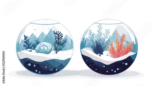 The image showcases two digital illustrations of spherical glass globes. Each globe depicts a stylized winter scene with aquatic plants.  The left globe features bluish-white plants, a small rock,
