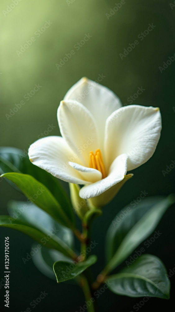 Elegant Full Bloom Gardenia Against Soft Green Background for Floral Promotions and Marketing Materials Elegant Full Bloom Gardenia Against Soft Green Background for Floral Promotions and Marketing Materials